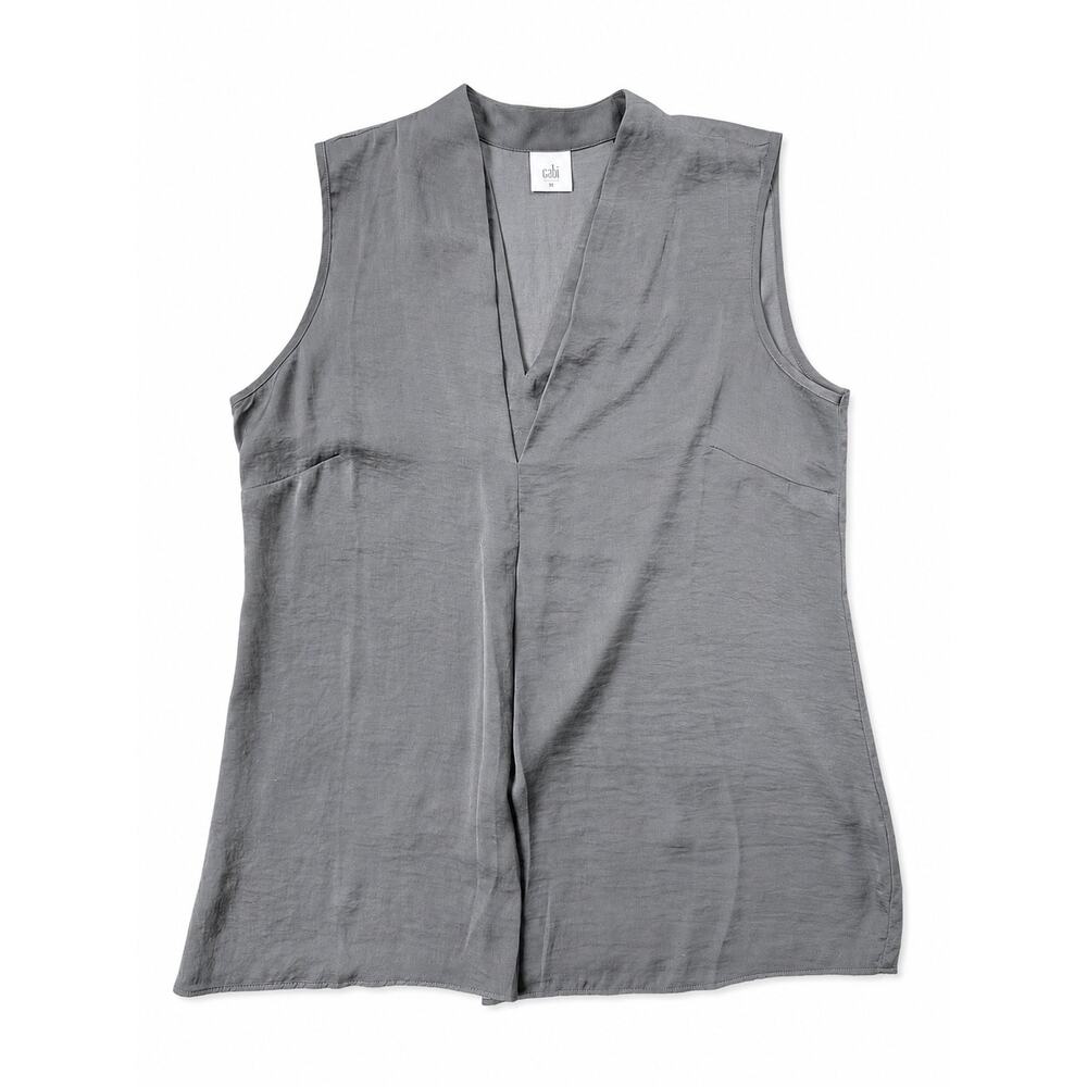 Cabi Gray Satin Sleeveless Blouse V Neck Draped Minimalist Tank Top Medium